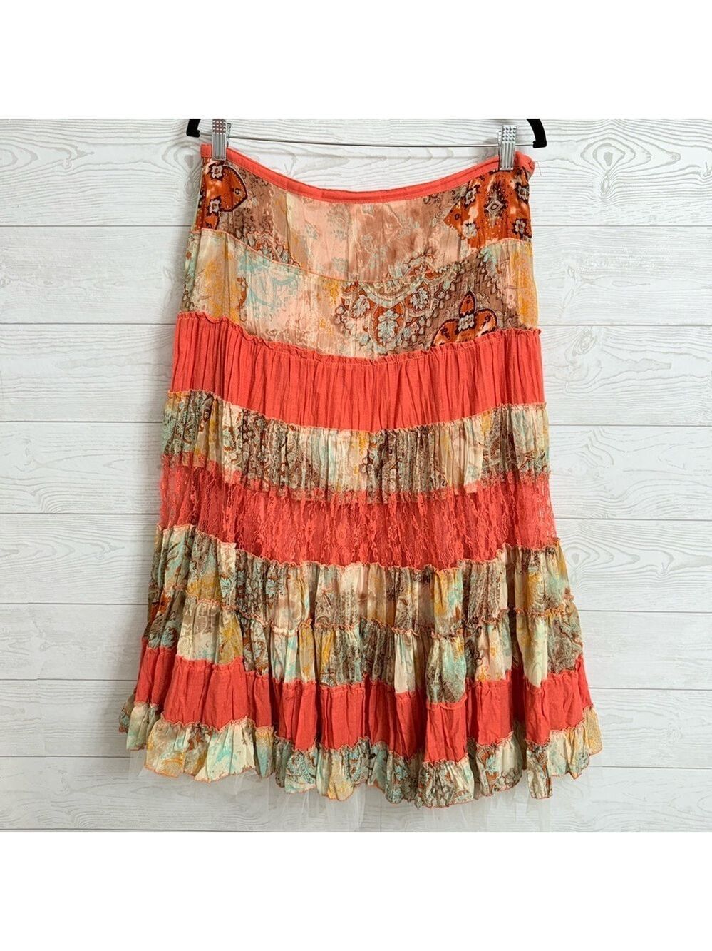 Panilli Women’s Peach Lace & Sheer Boho Layered Maxi Skirt. Size L